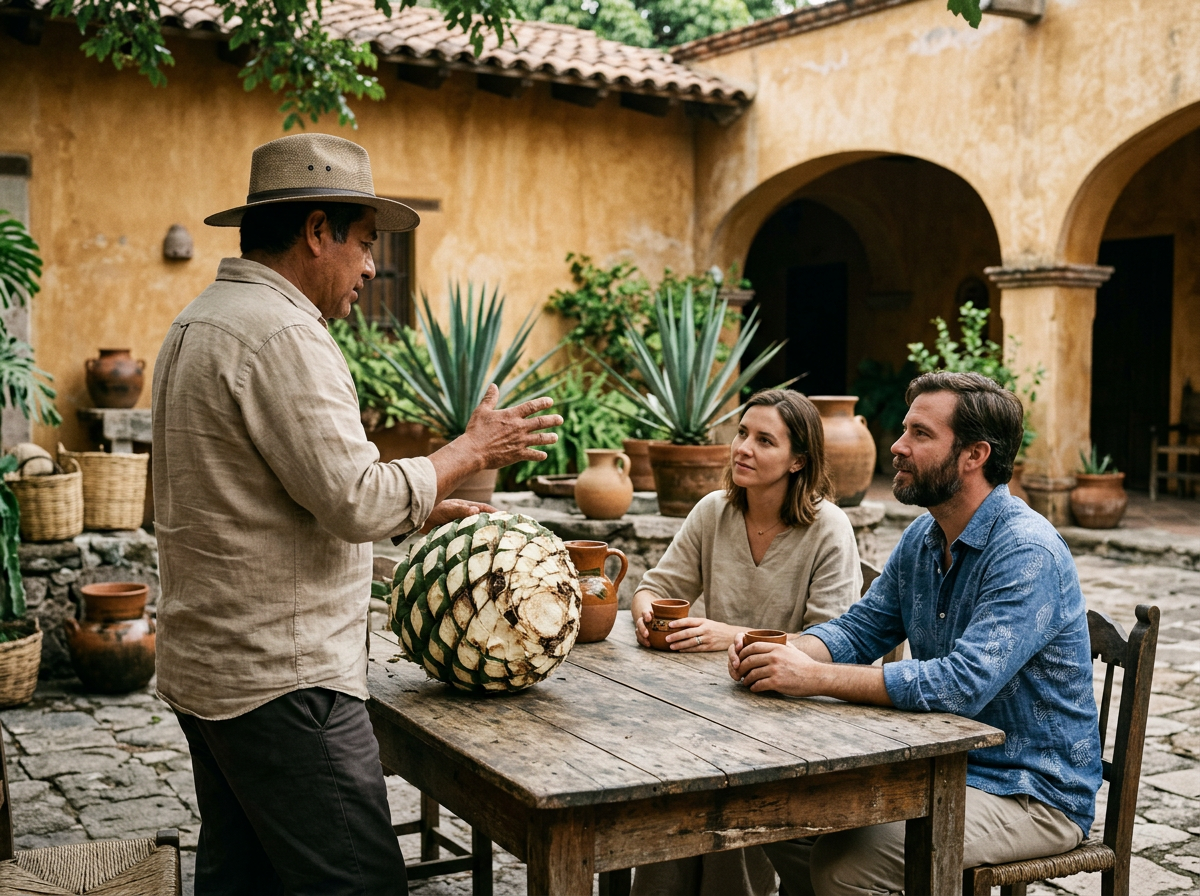 Illustrative visitors and a host in a courtyard; not actual team members
