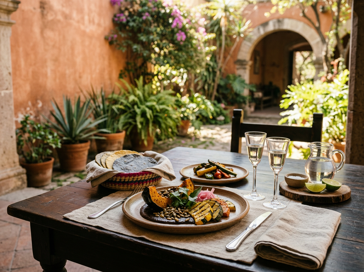 Illustrative regional dishes and tasting glasses on a table