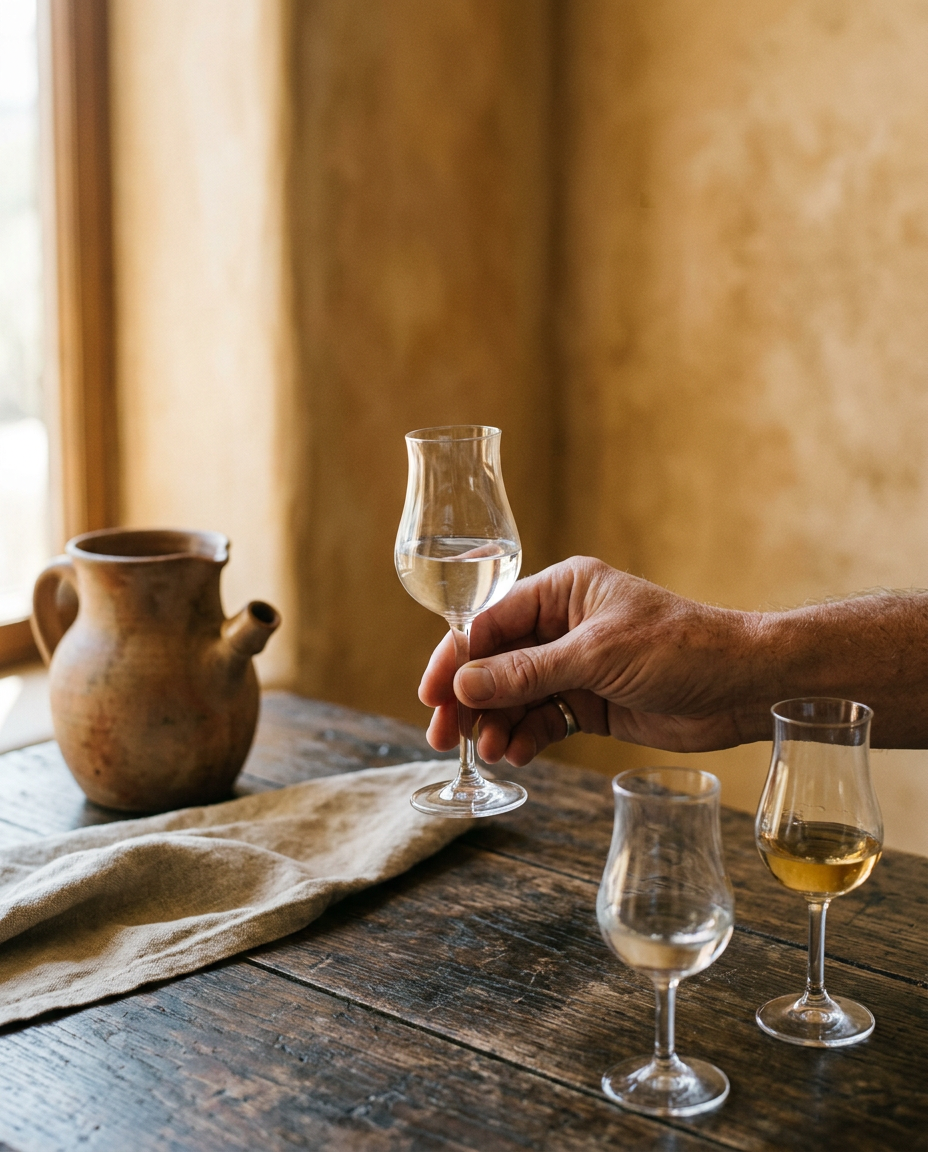 Illustrative hand holding a tasting glass